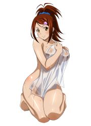 Rule 34 | 1girl, bachou mouki, barefoot, breasts, brown hair, feet, female focus, hair ornament, highres, ikkitousen, nude, official art, simple background, smile, solo, toes, towel, wet, white background, yellow eyes