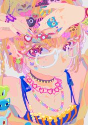 Rule 34 | 1girl, absurdres, adjusting hair, bead necklace, beads, blonde hair, bracelet, braid, camisole, collar, collarbone, colored eyelashes, colorful, decora, ear piercing, earrings, facial mark, from above, glasses, hair ornament, hairclip, heart, heart in eye, heart necklace, highres, jewelry, multicolored eyes, nail art, nail polish, necklace, off shoulder, original, piercing, purple eyes, qqmng, ring, solo, spiked collar, spikes, striped, symbol in eye, twin braids