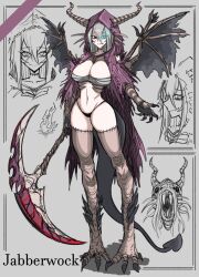 Rule 34 | 1girl, bandaged chest, black panties, black souls, black tail, black wings, breasts, bright pupils, character name, chinese commentary, cleavage, closed mouth, colored skin, commentary request, dragon girl, dragon horns, dragon tail, dragon wings, full body, glowing, glowing eye, grey background, grey hair, grey skin, groin, hair between eyes, highleg, highleg panties, highres, holding, holding scythe, holding weapon, hood, hood up, horns, jabberwock (black souls), koshou shou mitsu, large breasts, long hair, looking at viewer, mismatched pupils, monster, multicolored skin, multiple views, navel, panties, patchwork skin, red eyes, scythe, sidelocks, simple background, slit pupils, smile, stitched face, stitched leg, stitched neck, stitches, stomach, tail, talons, torn wings, two-tone skin, underwear, weapon, white pupils, wide hips, wings, zombie, zombie dragon