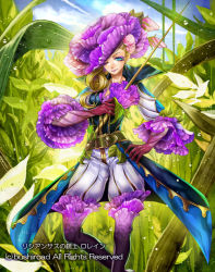Rule 34 | 10s, 1girl, belt, blonde hair, blue eyes, boots, cardfight!! vanguard, character name, coga, company name, curly hair, day, flower, gloves, grass, hat, leaf, lisianthus musketeer loraine, long hair, makeup, official art, one eye closed, sky, solo, sword, weapon