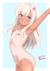 Rule 34 | 1girl, ame-san, armpits, bandaid, bandaids on nipples, blonde hair, blue eyes, blush, breasts, collarbone, commentary request, cowboy shot, flower, hair flower, hair ornament, highres, kantai collection, long hair, looking at viewer, navel, nude, one-piece tan, open mouth, pasties, ribs, ro-500 (kancolle), small breasts, smile, solo, tan, tanline