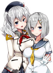 Rule 34 | 10s, 2girls, beret, blue eyes, breasts, epaulettes, eyes visible through hair, frilled sleeves, frills, gloves, hair ornament, hair over one eye, hairclip, hamakaze (kancolle), hand on another&#039;s shoulder, hat, kantai collection, kashima (kancolle), large breasts, long hair, military, military uniform, multiple girls, school uniform, serafuku, short hair, silver hair, simple background, smile, tsurime, uniform, wavy hair, white background, white gloves, yuuki hb