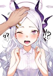 Rule 34 | !?, 1boy, 1girl, ;o, ahoge, blue archive, commentary request, demon girl, demon horns, forehead, hair ornament, hairclip, halo, headpat, highres, hina (blue archive), horns, killy doodle, long hair, looking at viewer, one eye closed, out of frame, parted bangs, ponytail, pov, pov hands, purple eyes, sensei (blue archive), sidelocks, simple background, sleeveless, speech bubble, surprised, white background, white hair
