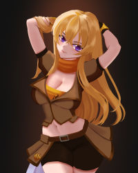 Rule 34 | 1girl, absurdres, arms behind head, bike shorts, blonde hair, breasts, cleavage, highres, large breasts, legs, long hair, looking at viewer, midriff, navel, purple eyes, rwby, smile, solo, thighs, yang xiao long