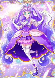 Rule 34 | 1girl, bridal garter, brooch, closed mouth, commentary, cure majesty, dated, detached sleeves, dress, ellee-chan, feathers, full body, gloves, hair tie, half-dress, hanzou, highres, hirogaru sky! precure, jewelry, leg up, light particles, long hair, looking at viewer, magical girl, medium dress, precure, puffy detached sleeves, puffy sleeves, purple dress, purple footwear, purple skirt, shoes, sidelocks, skirt, sleeveless, sleeveless dress, smile, solo, sparkle, standing, standing on one leg, thighhighs, twitter username, two side up, very long hair, w arms, white gloves, white thighhighs, wing brooch, wing hair ornament