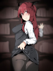 Rule 34 | 1girl, bad id, bad pixiv id, black pantyhose, black skirt, blush, book, bookshelf, breasts, closed mouth, clothes lift, commentary request, cowboy shot, from behind, head wings, highres, koakuma, kz oji, lifting own clothes, long hair, long sleeves, looking at viewer, looking back, medium breasts, pantyhose, red eyes, red hair, skirt, skirt lift, skirt set, smile, solo, touhou, wings