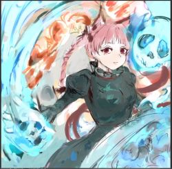 Rule 34 | 1girl, animal ears, blue fire, bow, braid, cat ears, dress, expressionless, extra ears, fang, fang out, fire, green dress, heart, kaenbyou rin, letterboxed, long hair, long sleeves, looking at viewer, multiple tails, nekomata, red eyes, red hair, sketch, skull, strawberry ml9, tail, touhou, twin braids, two tails