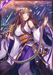 Rule 34 | 1girl, akkijin, armpits, bare shoulders, blue eyes, breasts, brown hair, card (medium), dress, flower, hair ornament, head wreath, holding, japanese clothes, large breasts, long hair, looking at viewer, night, night sky, official art, purple dress, rattle, shinkai no valkyrie, sky, solo, sparkle, standing, very long hair