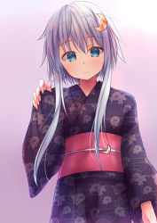 Rule 34 | 1girl, absurdres, alternate costume, black kimono, commentary request, cowboy shot, crescent, crescent hair ornament, floral print, gradient background, hair ornament, highres, japanese clothes, kamijou sadame, kantai collection, kimono, looking at viewer, purple hair, short hair, short hair with long locks, solo, standing, yayoi (kancolle), yukata
