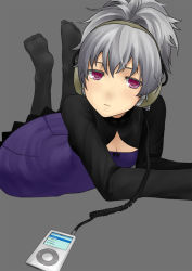 Rule 34 | 1girl, bow, breasts, cleavage, darker than black, digital media player, dress, face, feet, headphones, ipod, legs up, lying, no nose, no shoes, on stomach, pantyhose, ponytail, purple dress, purple eyes, robo8, silver hair, simple background, solo, yin (darker than black)