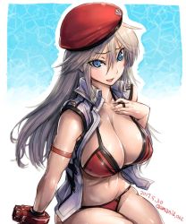 Rule 34 | 10s, 1girl, alisa ilinichina amiella, amania orz, artist name, beret, bikini, blue eyes, blush, breasts, cleavage, dated, gloves, god eater, god eater burst, hand on own chest, hat, jacket, jewelry, large breasts, long hair, looking at viewer, namco, navel, open clothes, open jacket, open mouth, red bikini, ring, shiny skin, silver hair, simple background, sleeveless, solo, swimsuit, twitter username