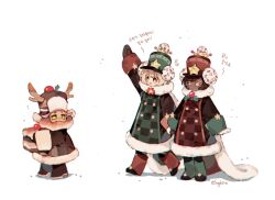 Rule 34 | 1boy, 2others, antlers, arm up, black gloves, boots, brown coat, brown footwear, cape, chess choco cookie, coat, cookie run, crown, full body, fur-trimmed cape, fur-trimmed coat, fur-trimmed sleeves, fur hat, fur trim, gloves, green footwear, green hat, hat, horns, humanization, korean text, long sleeves, mittens, multiple others, official alternate costume, red footwear, red hat, sapphire (nine), shako cap, simple background, tiramisu cookie, translation request, ushanka, white background