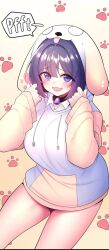 Rule 34 | 1girl, absurdres, animal hat, beige sweater, blush, dog hat, fucked the world tree, gu-seul, hands up, hat, highres, long hair, looking at viewer, no shorts, official art, open mouth, purple eyes, purple hair, smile, solo, sweater, tongue, white sweater, yellow background