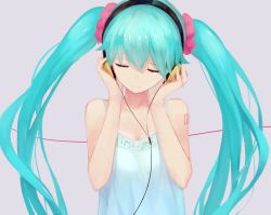 Rule 34 | 1girl, aqua hair, camisole, closed eyes, hands on headphones, hatsune miku, headphones, highres, kisei2, long hair, musical note, simple background, smile, solo, tattoo, twintails, very long hair, vocaloid