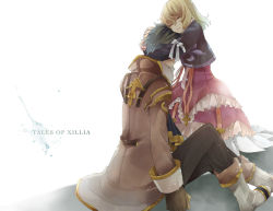 Rule 34 | 1boy, 1girl, alvin (tales), blonde hair, boots, bow, brown hair, coat, comforting, copyright name, couple, dress, elize lutus, closed eyes, frills, gloves, height difference, hetero, hug, ichinose (sorario), knee boots, light particles, pants, ribbon, sad, short hair, sitting, tales of (series), tales of xillia