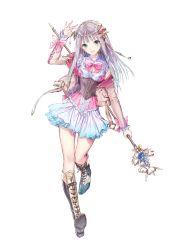 Rule 34 | 1girl, absurdres, atelier (series), atelier lulua, blunt bangs, boots, breasts, cleavage, commentary request, cross-laced footwear, detached sleeves, elmerulia fryxell, frills, full body, green eyes, grey hair, hair ornament, hairband, highres, holding, jacket, kishida mel, knee boots, lace-up boots, long hair, long sleeves, looking at viewer, medium breasts, official art, open mouth, ribbon, simple background, skirt, smile, solo, staff, white background, white skirt