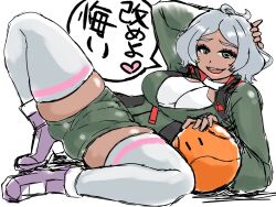 Rule 34 | 1girl, artist request, ass, asticassia school uniform, breasts, cameltoe, crossed legs, full body, green eyes, green jacket, gundam, gundam suisei no majo, heart, highres, holding, holding phone, jacket, large breasts, legs apart, leotard, leotard under clothes, light blush, looking at viewer, lying, medium hair, open mouth, phone, school uniform, secelia dote, shorts, solo, thighhighs, translation request, white background, white hair, white thighhighs, wide hips