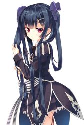 Rule 34 | 1girl, arikawa satoru, black bow, black dress, black hair, bow, cowboy shot, dress, flower knight girl, from side, hair bow, long hair, looking at viewer, purple bow, red eyes, solo, striped, striped bow, torikabuto (flower knight girl), twintails, waist bow, white background