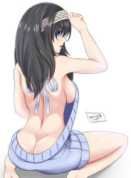 Rule 34 | 10s, 1girl, arm up, artist name, ass, back, backless outfit, bare arms, bare back, bare legs, bare shoulders, barefoot, black hair, blue eyes, blue ribbon, blue sweater, blush, body blush, breasts, butt crack, from behind, hairband, highres, idolmaster, idolmaster cinderella girls, long hair, looking at viewer, looking back, medium breasts, meme attire, naked sweater, no bra, no panties, open mouth, profile, ribbed sweater, ribbon, sagisawa fumika, seinz0, shiny skin, sideboob, sitting, solo, spread legs, sweater, virgin killer sweater, wariza