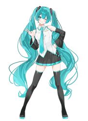 Rule 34 | 1girl, absurdres, bare shoulders, belt, black footwear, black skirt, blue necktie, blush, boots, closed mouth, collared shirt, contrapposto, frilled shirt, frills, hand on own hip, hand up, hatsune miku, head tilt, highres, legs apart, long hair, looking at viewer, loose belt, miniskirt, necktie, one eye closed, pleated skirt, roko (pe0e07), shirt, sidelocks, simple background, skirt, sleeveless, sleeveless shirt, smile, solo, thigh boots, thighhighs, twintails, v, very long hair, vocaloid, white background, white shirt, zettai ryouiki
