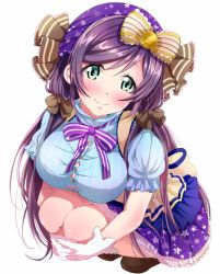 Rule 34 | 10s, 1girl, arihara (arhr0), blush, bow, breasts, candy wrapper, female focus, food-themed hair ornament, gloves, green eyes, hair ornament, hair over shoulder, hair ribbon, hat, head tilt, large breasts, long hair, looking at viewer, love live!, love live! school idol festival, love live! school idol project, purple hair, ribbon, simple background, skirt, smile, solo, squatting, tojo nozomi, twintails, white gloves