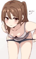 Rule 34 | 1girl, arrow (symbol), bare arms, bare shoulders, bent over, black panties, blush, breasts, brown background, brown eyes, brown hair, closed mouth, collarbone, commentary request, downblouse, gradient background, grey tank top, groin, highres, kapatarou, looking at viewer, original, panties, panty pull, partial commentary, ponytail, small breasts, solo, standing, tank top, translated, underwear, undressing, white background