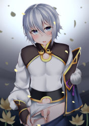 Rule 34 | 1boy, blue eyes, blurry, blurry background, blush, censored, convenient censoring, eyes visible through hair, fate/grand order, fate (series), flaccid, flashing, flower, foreskin, highres, kitajima yuuki, looking at viewer, male focus, midriff peek, navel, open mouth, panties, penis, petal censor, petals, plant, pointless censoring, prince of lan ling (fate), short hair, silver hair, solo, standing, testicles, trap, underwear, white panties