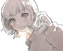 Rule 34 | 0 05kmgrn, 1girl, blush, brown sweater, closed mouth, commentary, english commentary, grey eyes, grey hair, hand up, long sleeves, looking at viewer, original, short hair, simple background, solo, sweater, upper body, white background