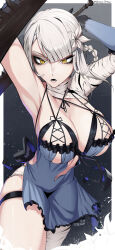 Rule 34 | 1girl, alternate breast size, alternate costume, armpits, arms up, artist name, back bow, black bow, bow, braid, breasts, cleavage, cowboy shot, cross-laced clothes, dated, grey hair, highres, holding, holding sword, holding weapon, kaine (nier), large breasts, lingerie, nier, nier (series), orouu, parted lips, solo, sword, thigh strap, tsurime, underwear, weapon, yellow eyes