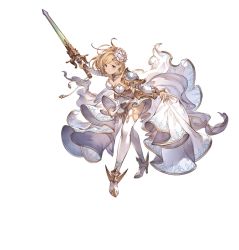 Rule 34 | armor, blonde hair, breasts, brown eyes, cleavage, cosplay, detached sleeves, djeeta (granblue fantasy), dress, expressionless, flower, full body, glorybringer (granblue fantasy), granblue fantasy, hair flower, hair ornament, knights of glory, minaba hideo, official art, shoulder armor, solo, sword, the glory (cosplay), thighhighs, transparent background, weapon, white dress, white flower, white thighhighs