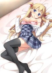 Rule 34 | 1girl, absurdres, alice third macy, bare shoulders, bed sheet, black skirt, black thighhighs, blonde hair, blue eyes, blush, bow, bow bra, bra, bra pull, breasts, chestnut mouth, clothes pull, collarbone, collared shirt, dress shirt, hair ribbon, highres, indoors, kantoku, koi suru kanojo no bukiyou na butai, leg up, long hair, long sleeves, looking at viewer, lying, medium breasts, miniskirt, nipples, no shoes, non-web source, off shoulder, official art, on back, on bed, open clothes, open mouth, panties, pink bow, pink bra, pink panties, plaid, pleated skirt, ribbon, school uniform, shirt, sidelocks, skirt, solo, strap slip, thighhighs, two side up, underwear, very long hair, white shirt, wing collar