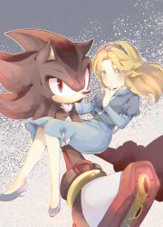 Rule 34 | 1boy, 1girl, animal nose, blonde hair, blue dress, blue eyes, blue footwear, blue hairband, blush, carrying, closed mouth, dress, finger to own chin, furry, furry male, hairband, long hair, maria robotnik, princess carry, red eyes, shadow the hedgehog, shoes, smile, sonic (series), tondamanuke