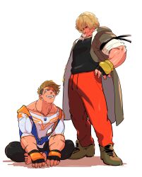 Rule 34 | 2boys, absurdres, barefoot, black shirt, blonde hair, boots, brown footwear, caxqov, coat, collarbone, dog tags, fingerless gloves, gloves, grin, hand on own hip, highres, indian style, jewelry, ken masters, looking down, looking up, luke sullivan, male focus, messy hair, multiple boys, muscular, necklace, open clothes, open coat, orange gloves, pants, red pants, scar, scar across eye, scar on face, shirt, simple background, sitting, smile, street fighter, street fighter 6, sweatpants, undercut, white background