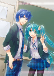 Rule 34 | 1boy, 1girl, :d, ahoge, aqua eyes, aqua hair, bad id, bad pixiv id, belt, blazer, blue eyes, blue hair, chalkboard, dutch angle, flower, hair flower, hair ornament, hatsune miku, irono (irtyu), jacket, kaito (vocaloid), long hair, looking at viewer, necktie, open mouth, pantyhose, skirt, sleeves rolled up, sleeves pushed up, smile, twintails, uniform, v, very long hair, vocaloid