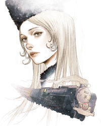 Rule 34 | 1girl, blonde hair, close-up, coat, commentary, english commentary, fur coat, fur hat, ginga tetsudou 999, hat, highres, locomotive, long hair, looking at viewer, maetel, smoke, space train, steam locomotive, tahra, three-nine (space train), train, white background
