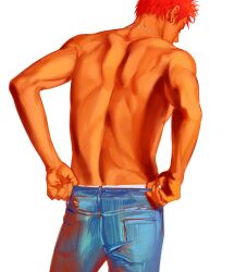 Rule 34 | 1boy, back, back focus, back muscles, black eyes, clothes pull, cowboy shot, denim, highres, jeans, jewelry, male focus, mukur sd, necklace, pants, pants pull, pulled by self, red hair, sakuragi hanamichi, short hair, simple background, slam dunk (series), solo, toned, toned male, topless male, white background