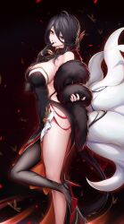 Rule 34 | 1girl, absurdres, ahoge, ara haan, bare shoulders, black background, black dress, black gloves, black pantyhose, breasts, cleavage, devi (elsword), dress, elbow gloves, elsword, eyeshadow, feather boa, finger to mouth, fox tail, gloves, grin, hair ornament, high heels, highres, large breasts, long hair, looking at viewer, makeup, multiple tails, pantyhose, red eyeshadow, simple background, single glove, single leg pantyhose, smile, solo, standing, standing on one leg, strapless, strapless dress, tail, tanjel, thighs, very long hair