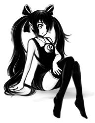 Rule 34 | 1girl, babydoll, backbeako (torotei), backbeard, black dress, black hair, dress, eyeball, female focus, frilled thighhighs, frills, full body, gegege no kitarou, gradient background, greyscale, hair over one eye, hair ribbon, highres, jewelry, long hair, monochrome, necklace, no shoes, original, pas (paxiti), ribbon, solo, thighhighs, toei animation, twintails, white background