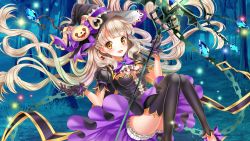 Rule 34 | 1girl, black dress, black thighhighs, blonde hair, chain, dress, forest, gloves, hat, highres, jewelry, long hair, looking at viewer, mayu (vocaloid), moyon, nature, night, open mouth, solo, sparkle, stuffed animal, stuffed toy, thighhighs, upskirt, usano mimi, very long hair, vocaloid, wand, witch hat, yellow eyes