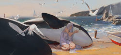 Rule 34 | 1girl, absurdres, ahoge, animal, arknights, artist name, bare legs, barefoot, beach, bird, boat, breasts, closed mouth, day, death, dress, highres, medium breasts, ocean, on ground, orca, outdoors, red eyes, rock, sailboat, sand, seagull, silver hair, sitting, skadi (arknights), sleeveless, sleeveless dress, solo, water, watercraft, white dress, yokozuwari, zuosi zhichu