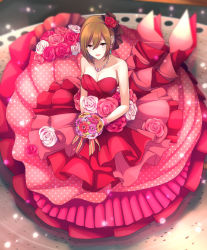 Rule 34 | 1girl, :d, akiyoshi (tama-pete), blurry, bouquet, breasts, brown hair, depth of field, dress, earrings, flower, frilled dress, frills, from above, full body, gloves, hair flower, hair ornament, happy, hat, jewelry, light smile, looking at viewer, looking up, meiko (vocaloid), necklace, open mouth, orange flower, pink dress, pink flower, pink gloves, pink rose, polka dot, polka dot dress, purple flower, red eyes, red flower, red rose, ribbon, rose, short hair, sleeveless, sleeveless dress, smile, solo, vocaloid, white flower