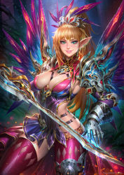 Rule 34 | 1girl, absurdres, armor, artist name, blonde hair, breasts, cleavage, commentary, cowboy shot, ear piercing, earrings, english commentary, gauntlets, green eyes, highres, holding, holding sword, holding weapon, jewelry, large breasts, long hair, neoartcore, original, parted lips, photoshop (medium), piercing, pointy ears, ponytail, smile, solo, sword, weapon