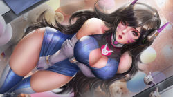 Rule 34 | 1girl, adapted costume, alternate breast size, alternate hair length, alternate hairstyle, animal print, arm under breasts, artist name, bare shoulders, blue dress, blush, breasts, cleavage, cleavage cutout, clothing cutout, d.va (overwatch), dated, dress, dress tug, dutch angle, elbow gloves, facepaint, facial mark, female pov, gloves, halter dress, halterneck, headphones, large breasts, leaning forward, lips, looking at mirror, looking at viewer, mirror, nose blush, open mouth, overwatch, overwatch 1, pink lips, pov, rabbit print, reflection, ribbed dress, short dress, solo, stuffed animal, stuffed toy, swept bangs, teddy bear, thighhighs, thighs, turewindwalker, whisker markings, white gloves