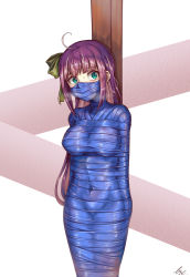 Rule 34 | 1girl, ahoge, bdsm, blush, bondage, bound, bow, breasts, chinese commentary, commentary request, covered navel, cowboy shot, green bow, green eyes, hair bow, highres, large breasts, long hair, looking at viewer, lzc, mummification (bound), original, purple hair, solo, standing, very long hair