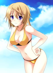Rule 34 | 10s, 1girl, bikini, blonde hair, breasts, charlotte dunois, cleavage, day, hands on own hips, highres, infinite stratos, karin (rei862), large breasts, leaning forward, midori rin, navel, purple eyes, short hair, sky, smile, solo, swimsuit, yellow bikini