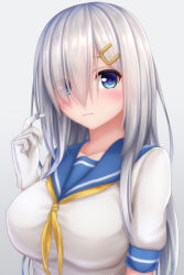 Rule 34 | 10s, 1girl, alternate hair length, alternate hairstyle, blue eyes, breasts, commentary request, cowboy shot, eyes visible through hair, gloves, hair between eyes, hair ornament, hair over one eye, hairclip, hamakaze (kancolle), kantai collection, large breasts, long hair, looking at viewer, neckerchief, pleated skirt, school uniform, serafuku, short hair, skirt, solo, tapisuke, upper body, white gloves, white hair, yellow neckerchief
