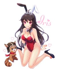 Rule 34 | 1girl, animal ears, bare shoulders, black footwear, black hair, breasts, detached collar, fake animal ears, fishnet pantyhose, fishnets, full body, high heels, highres, iris yuma, large breasts, leotard, long hair, looking at viewer, nail polish, pantyhose, playboy bunny, rabbit ears, red leotard, red nails, shoes, simple background, sitting, smile, solo, sonko1015, soulworker, tiara, wariza, white background, wrist cuffs