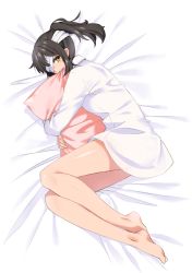Rule 34 | 1girl, bandage over one eye, barefoot, brown hair, coolmid, dress shirt, full body, long hair, looking at viewer, lying, hugging object, on side, original, pillow, pillow bite, pillow hug, ponytail, shirt, solo, yellow eyes
