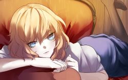 Rule 34 | 1girl, alice margatroid, alternate costume, bad id, bad twitter id, blonde hair, blue hair, brown legwear, couch, eredhen, looking at viewer, lying, no headwear, on stomach, puffy sleeves, shirt, short hair, short sleeves, skirt, solo, touhou