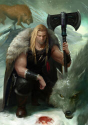 Rule 34 | 1boy, absurdres, animal, axe, battle axe, blonde hair, blood on snow, braid, cape, commentary, english commentary, feathers, fur cape, fur trim, highres, holding, holding axe, leman russ, long hair, looking at viewer, male focus, mountain, muscular, muscular male, official art, ornate axe, ornate weapon, oruam, outdoors, photoshop (medium), primarch, red feathers, runes, snow, space wolves, squatting, warhammer 40k, weapon, wolf, yellow eyes